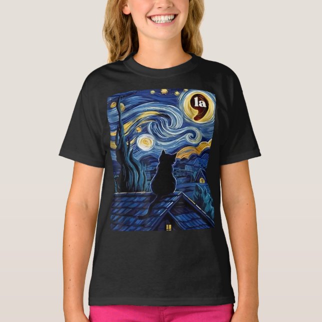 Camiseta Halloween Starry Night Black Cat Comma La Kamala (Frente)