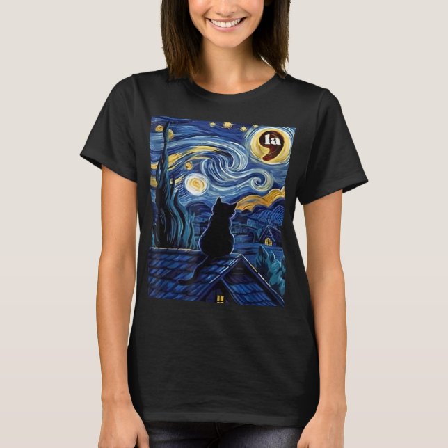 Camiseta Halloween Starry Night Black Cat Comma La Kamala (Frente)