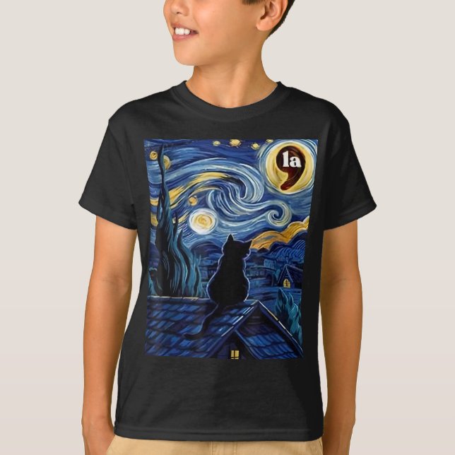 Camiseta Halloween Starry Night Black Cat Comma La Kamala (Frente)