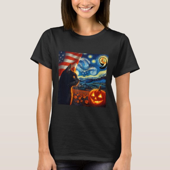 Camiseta Halloween Starry Night Black Cat Comma La Kamala H (Frente)