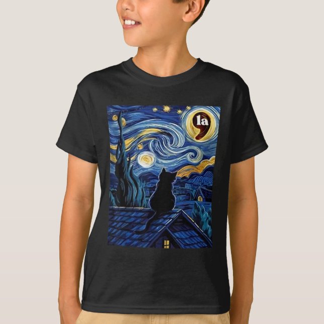 Camiseta Halloween Starry Night Black Cat Comma La Kamala H (Frente)