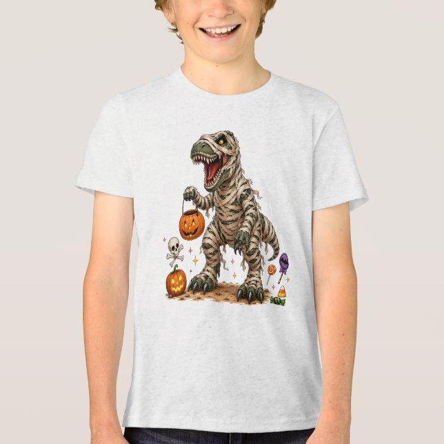 Camiseta Halloween T Rex Múmia Crianças (Frente)