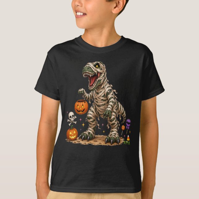 Camiseta Halloween T Rex Múmia Crianças (Frente)