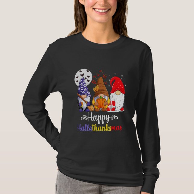Camiseta Halloween Thanksgiving Christmas Happy HalloThanks (Frente)