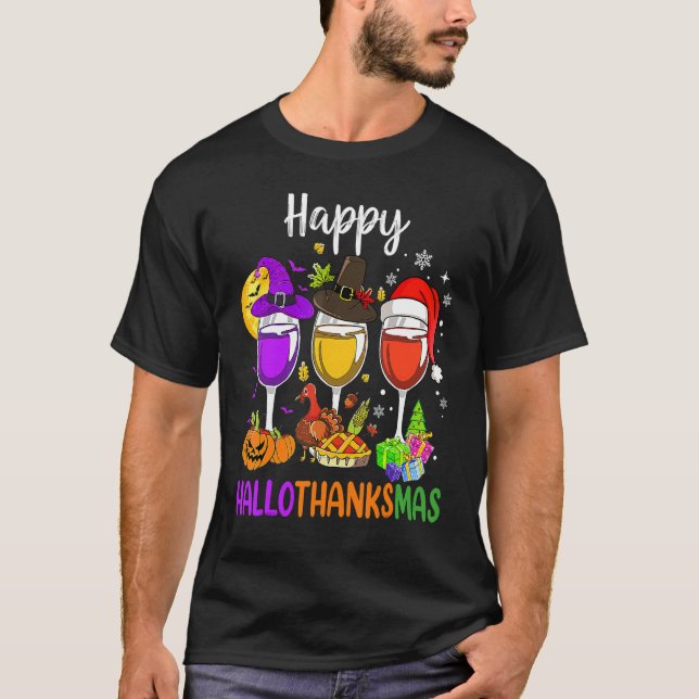 Camiseta Halloween Thanksgiving Christmas Happy Hallothanks (Frente)