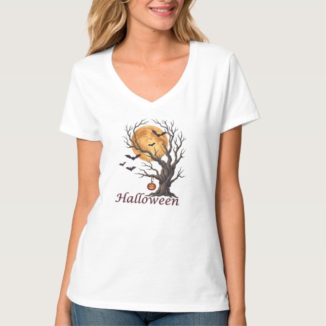 Camiseta Halloween Tree e Abóbora Jack-o'-Lantern (Frente)