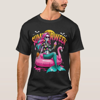 Camiseta Halloween Tropical Summerween Mermaid Esqueleto