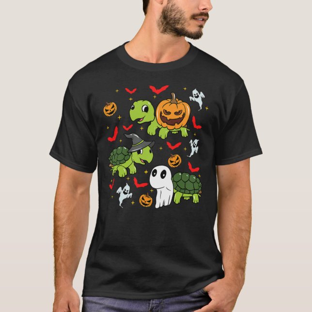 Camiseta Halloween Turtle Pumpkin Tortoise Bats and Ghosts (Frente)