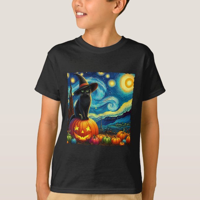 Camiseta Halloween Van Gogh Starry Night Black Witch Ha (Frente)