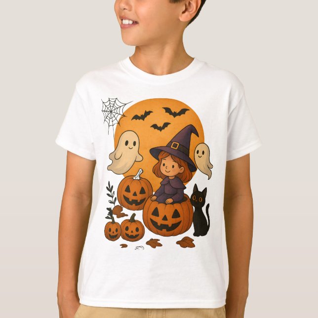 Camiseta Halloween Witch Design with Ghosts, Pumpkins (Frente)
