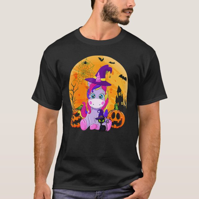 Camiseta Halloween Witchy Unicorn Black Cat Pumpkin Girls W (Frente)