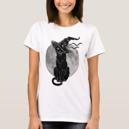 Camiseta Haloween, bruxa e lua de gato preto