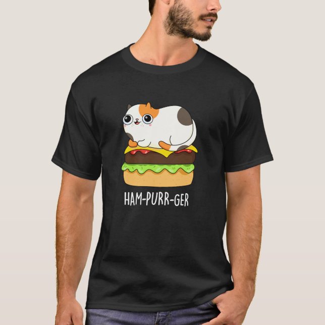 Camiseta Ham-Purr-Ger Funny Cat Hamburger Pun Dark BG (Frente)