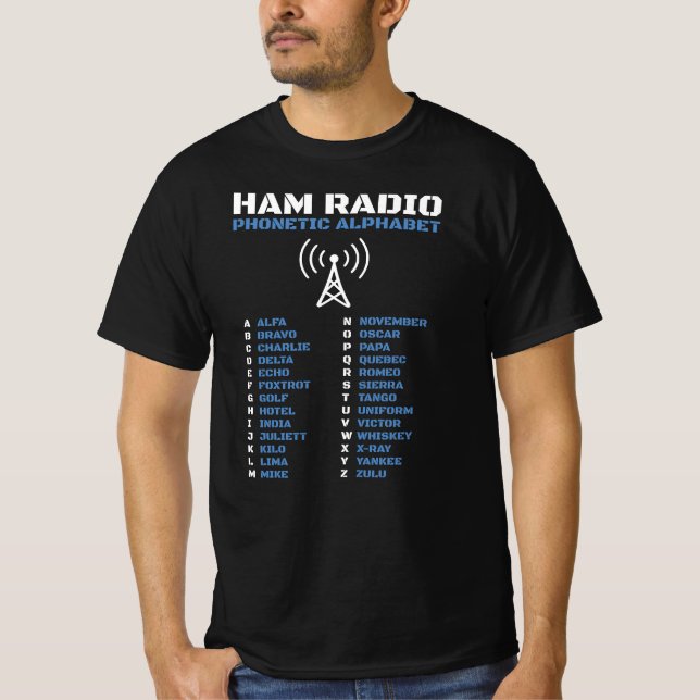 Camiseta Ham Radio OTAN - Design do alfabeto fonético (Frente)