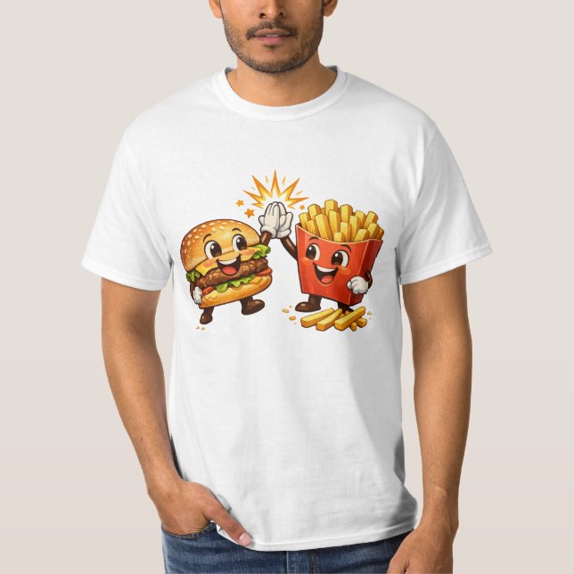 Camiseta Hamburger e Batatas Frita Adorável High Five Arte  (Frente)
