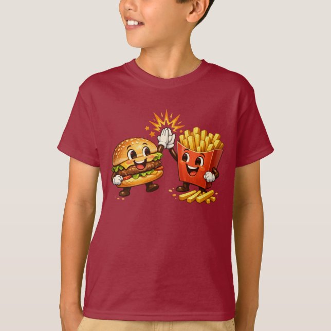 Camiseta Hamburger e Batatas Fritas Fofo Cumprimento de Cin (Frente)