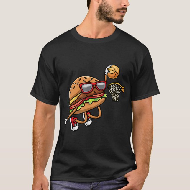 Camiseta Hamburger Jogando Basquete Rápido de Comida (Frente)