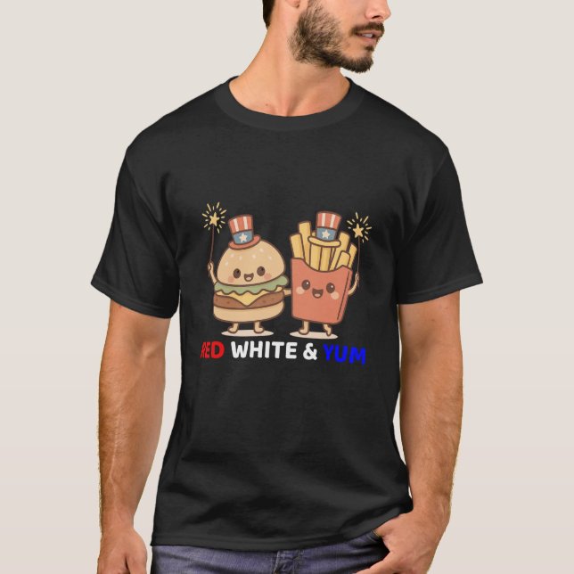 Camiseta Hamburger Kawaii e Batatas Fritas Comida de Festa  (Frente)