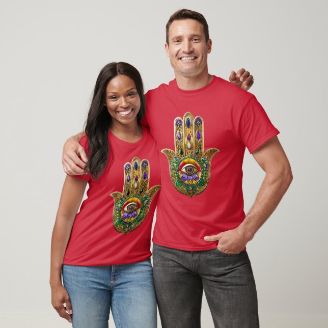 Camiseta Hamsa de Ouro Pintado com Olho Terceiro de Ametist (Unissex)