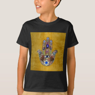 Camiseta Hamsa Hearts Flowers Opal Art em Dourado