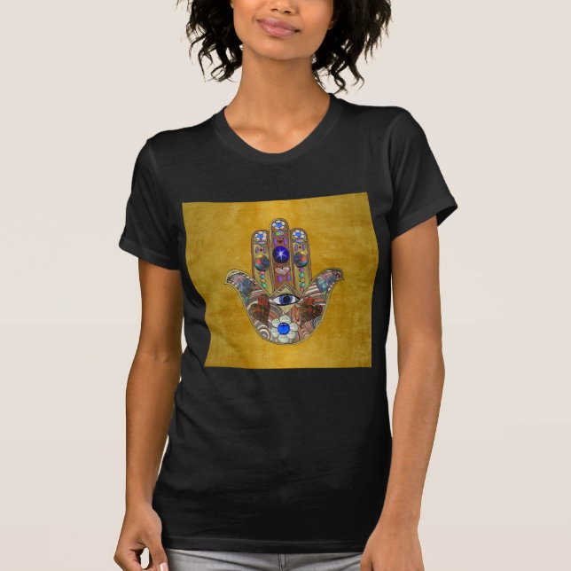 Camiseta Hamsa Hearts Flowers Opal Art em Dourado (Frente)