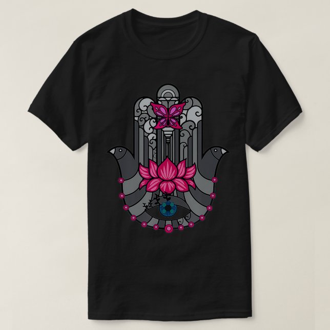 Camiseta Hamsa Mão de Fátima Boa Sorte Olho (Frente do Design)