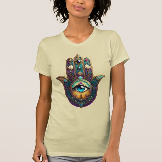 Camiseta Hamsa Violeta Dourado Turquesa com Terceiro Olho T (Frente)
