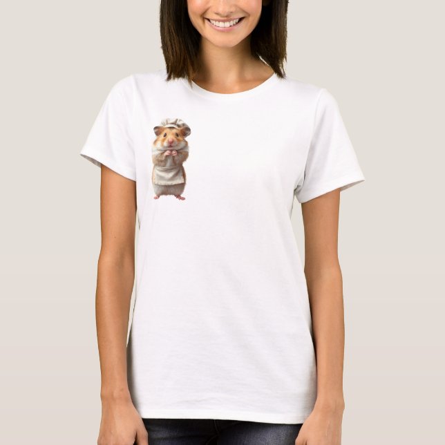 Camiseta Hamster Chef Adorável com Avental Branco e Chapéu  (Frente)