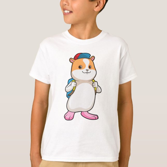 Camiseta Hamster como Estudante com Mochila e Boné (Frente)