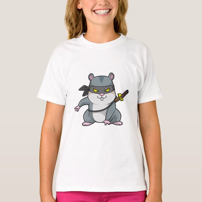 Camiseta Hamster como Ninja nas artes marciais com espada (Frente)