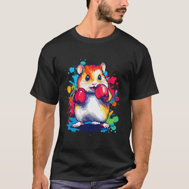 Camiseta Hamster Vestindo Luvas Boxando Arte Colorida (Frente)
