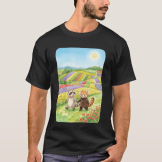 Camiseta Hand-Painted Raccoon & Red Panda Meadow