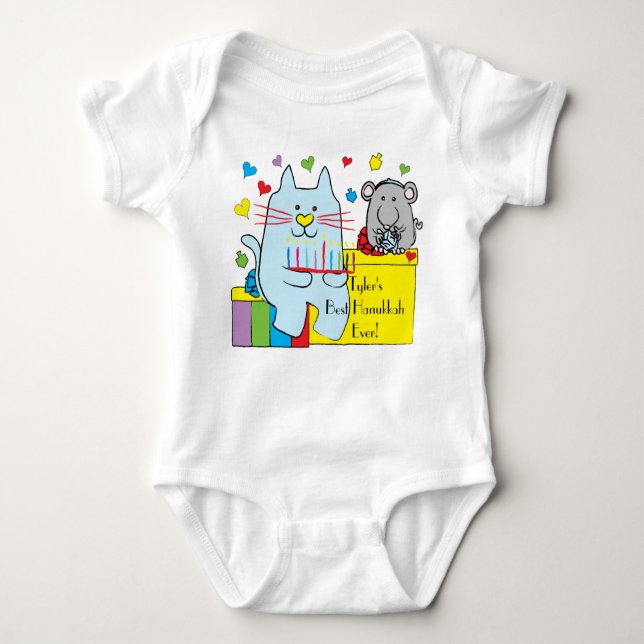 Camiseta Hanukkah Baby Jersey Body Suit/Blue Cat and Mouse (Frente)