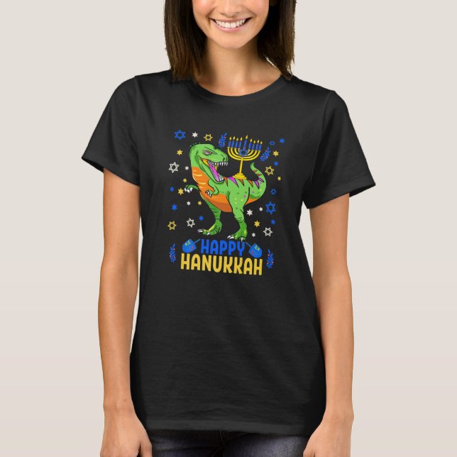 Camiseta Hanukkah Menorah TRex Dinossaur Funny Chanukah (Frente)