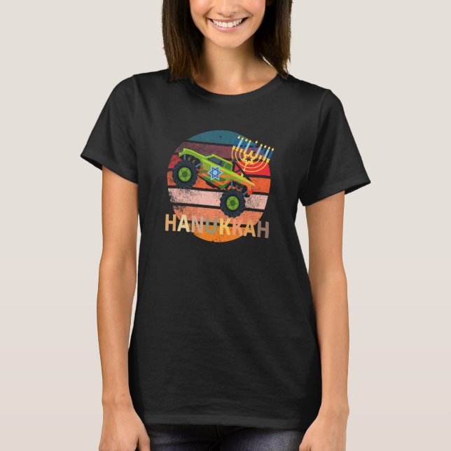 Camiseta Hanukkah Monster Truck Dreidel Menorah  Retro Vint (Frente)
