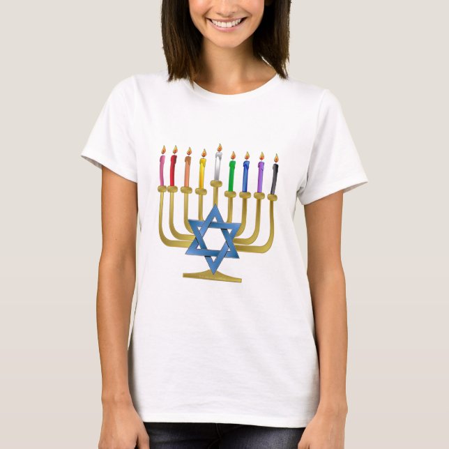 Camiseta Hanukkah Rainbow Candles Dourados Menorah (Frente)