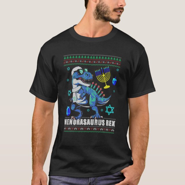 Camiseta Hanukkah Rex Menorasaurus Rex Dinossaur Engraçado  (Frente)