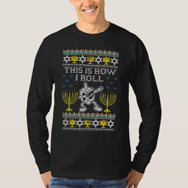 Camiseta Hanukkah Ugly Hanukkah Sweater Como Eu Rolo Dreide (Frente)