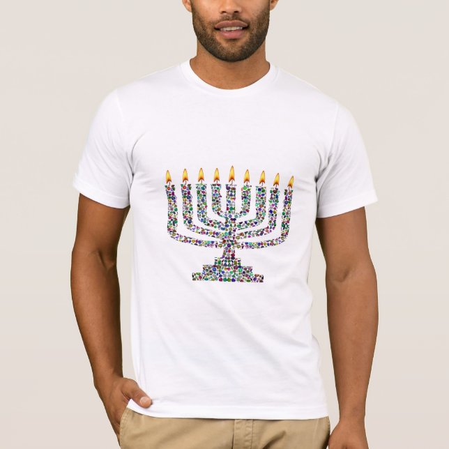 Camiseta Hanukkiah e Shalom feitos com pedras Gemônicas (Frente)