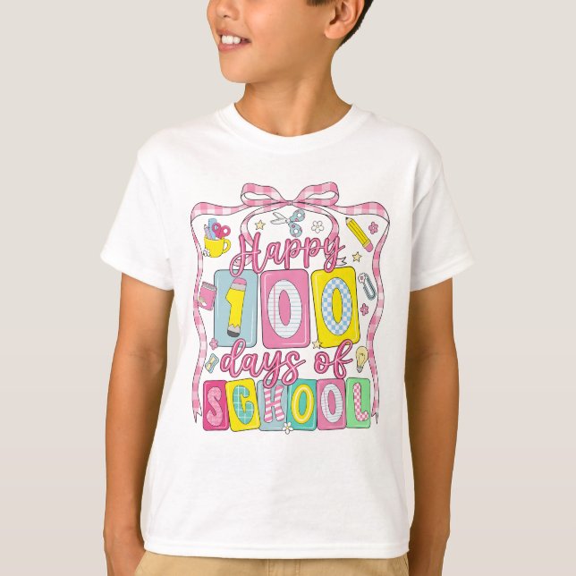 Camiseta Happy 100 Days of School Pink Bow (Frente)