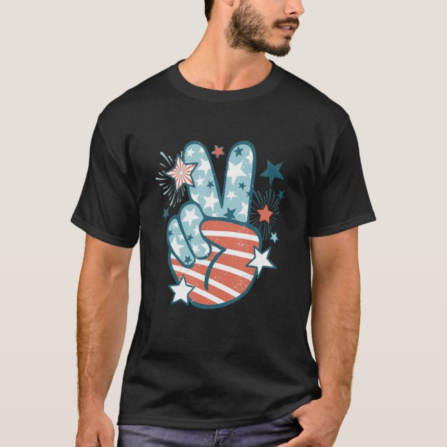 Camiseta Happy 4th Of July Peace Hand Sign American Flag Pa (Frente)