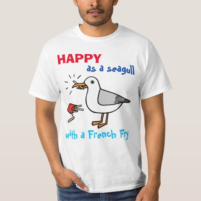 Camiseta Happy As a Seagull com um amante francês da praia  (Frente)