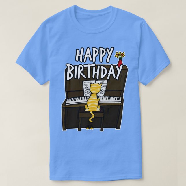 Camiseta Happy Birthday Cat Playing Piano Doodle  (2)  (Frente do Design)