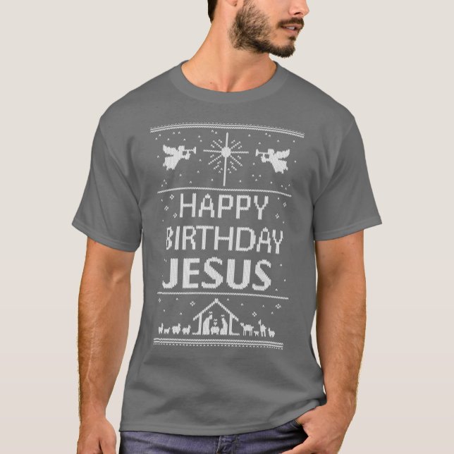 Camiseta Happy Birthday Jesus Ugly Christmas Sweater Scandi (Frente)