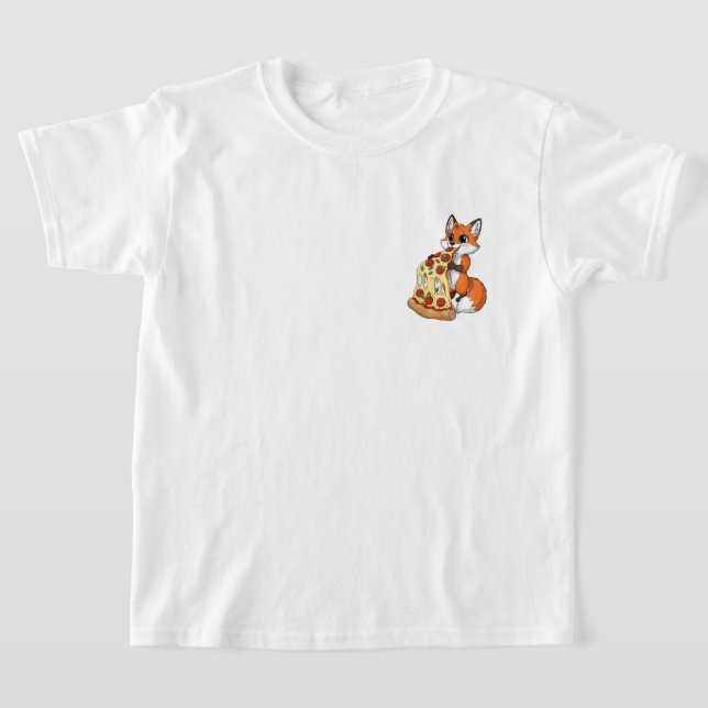 Camiseta Happy Cartoon Fox Eating Giant Cheesy Pizza (Postura )