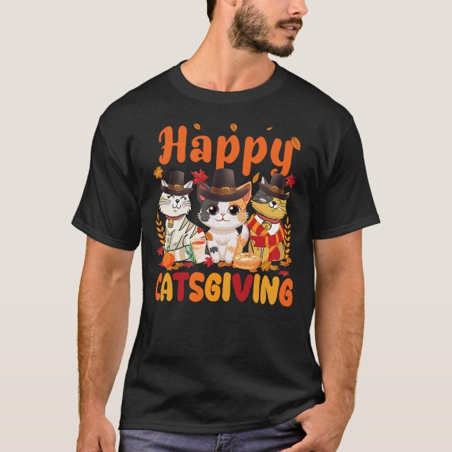 Camiseta Happy Catsgiving Cat Lover Pilgrim Hat Happy Thank (Frente)