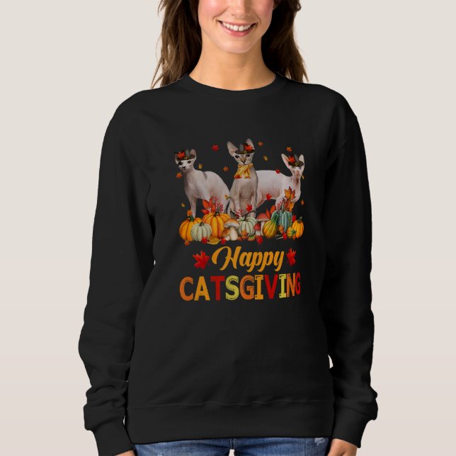 Camiseta Happy Catsgiving Sphynx Cat Autumn Fall Vibes Than (Frente)
