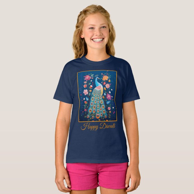 Camiseta Happy Diwali Peacock & Flowers (Frente Completa)