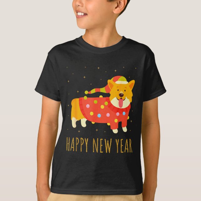 Camiseta Happy Dog Corgi Celebrating New Year Cozy Christma (Frente)