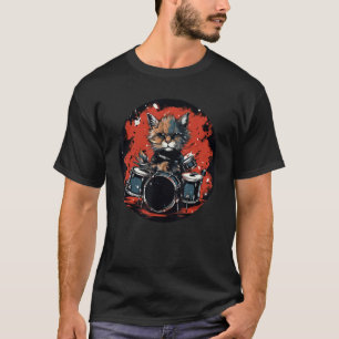 Camiseta Happy Drummer Cat for Music and Rock Roll Lovers